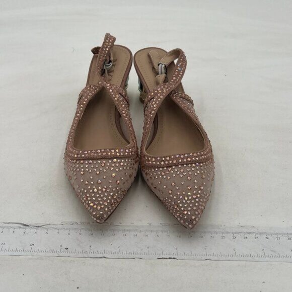 Women Pointed Toe Slingback Wedding Pumps Chunky Low Heel Rhinestone Sandals - Picture 4 of 8